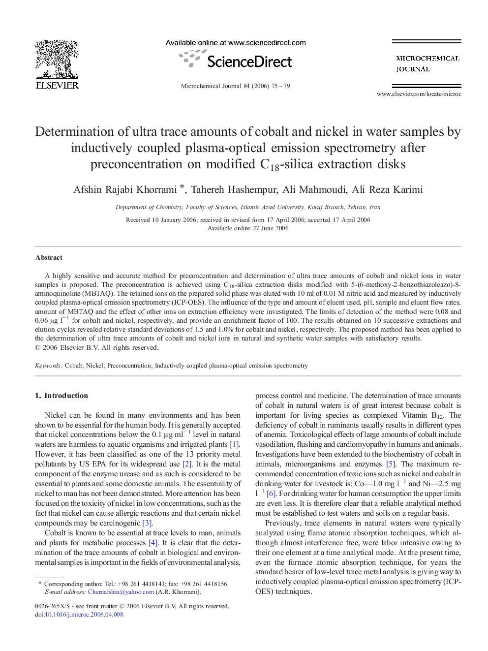 Determination of ultra trace amounts of cobalt and nickel in water samples by inductively coupled plasma-optical emission spectrometry after preconcentration on modified C18-silica extraction disks