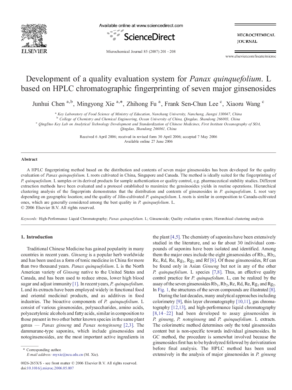 Development of a quality evaluation system for Panax quinquefolium. L based on HPLC chromatographic fingerprinting of seven major ginsenosides