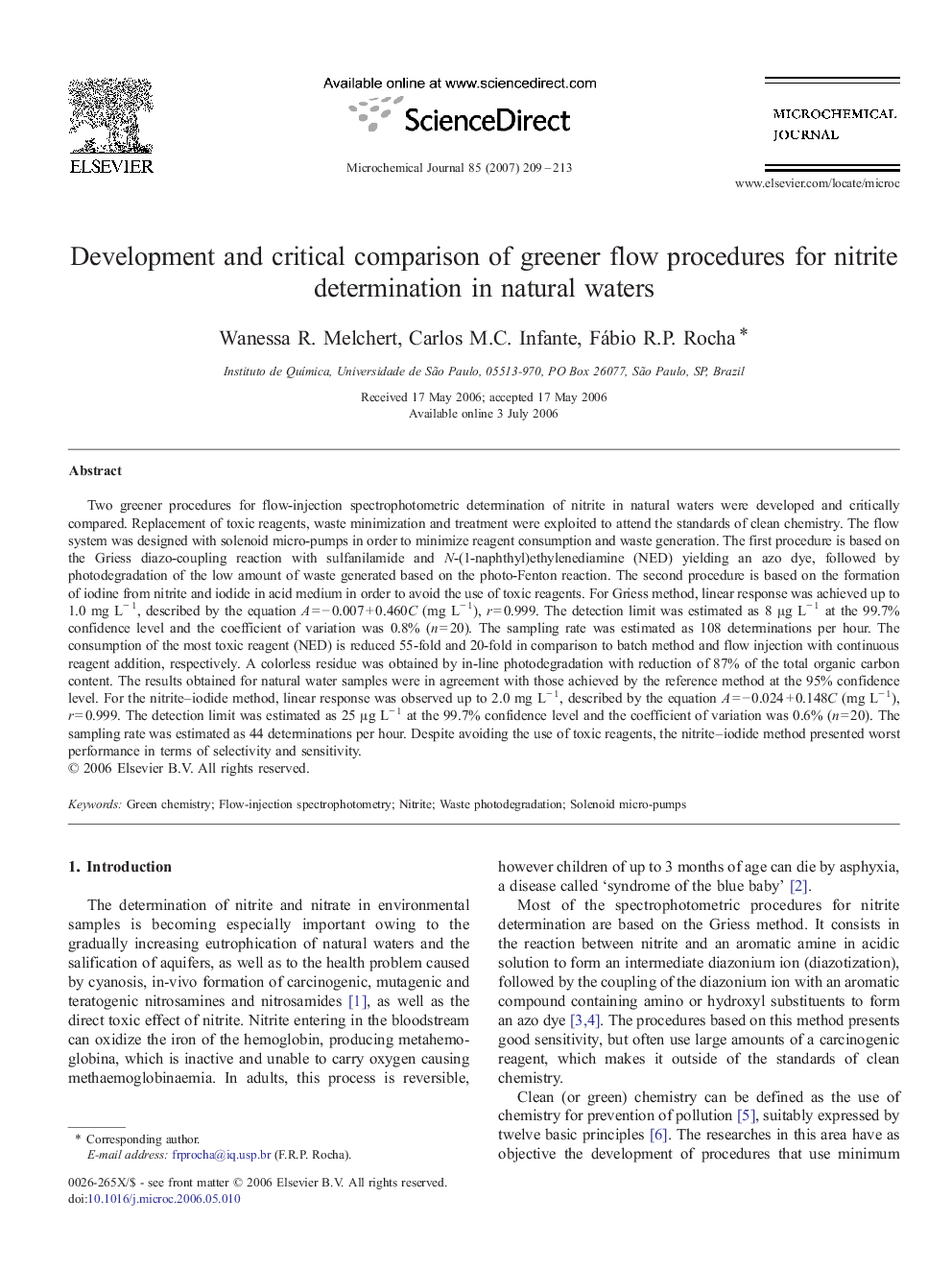 Development and critical comparison of greener flow procedures for nitrite determination in natural waters