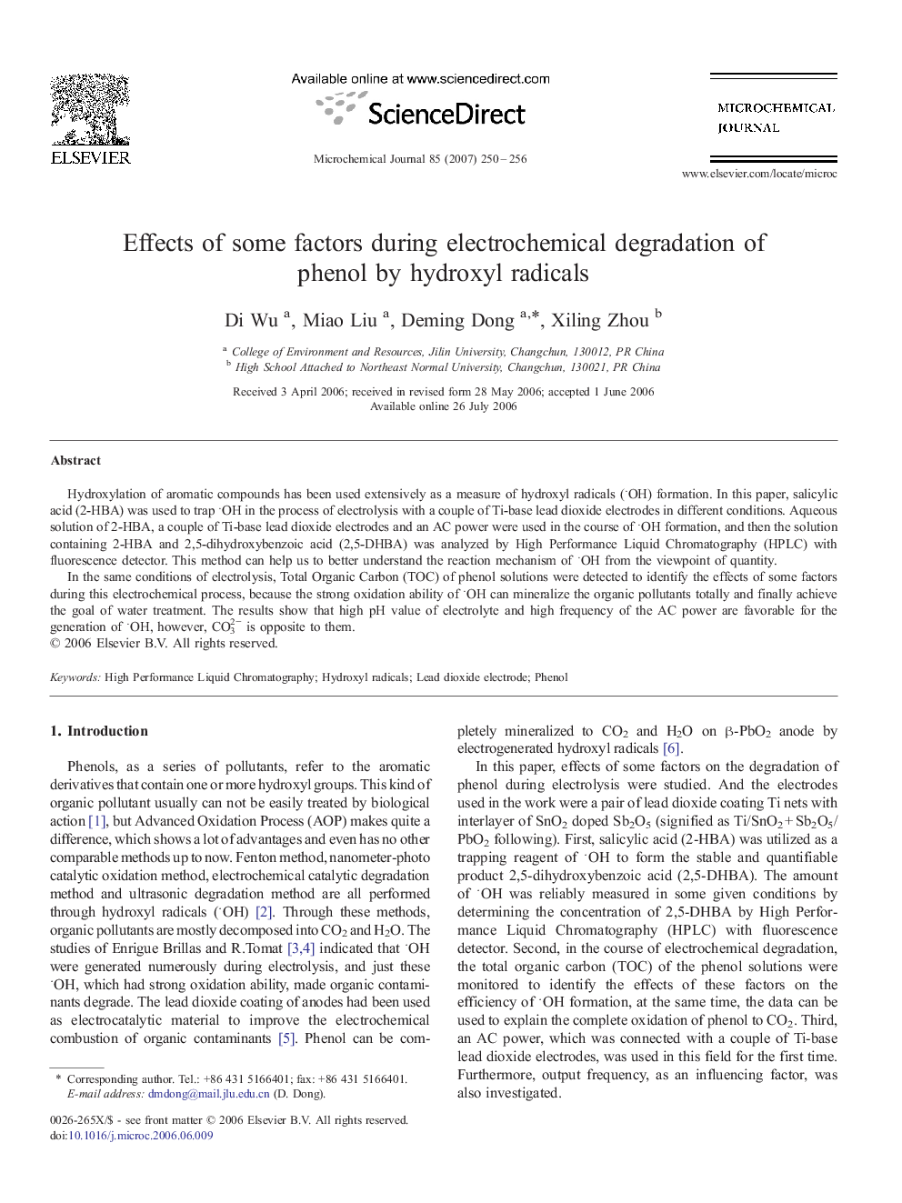 Effects of some factors during electrochemical degradation of phenol by hydroxyl radicals