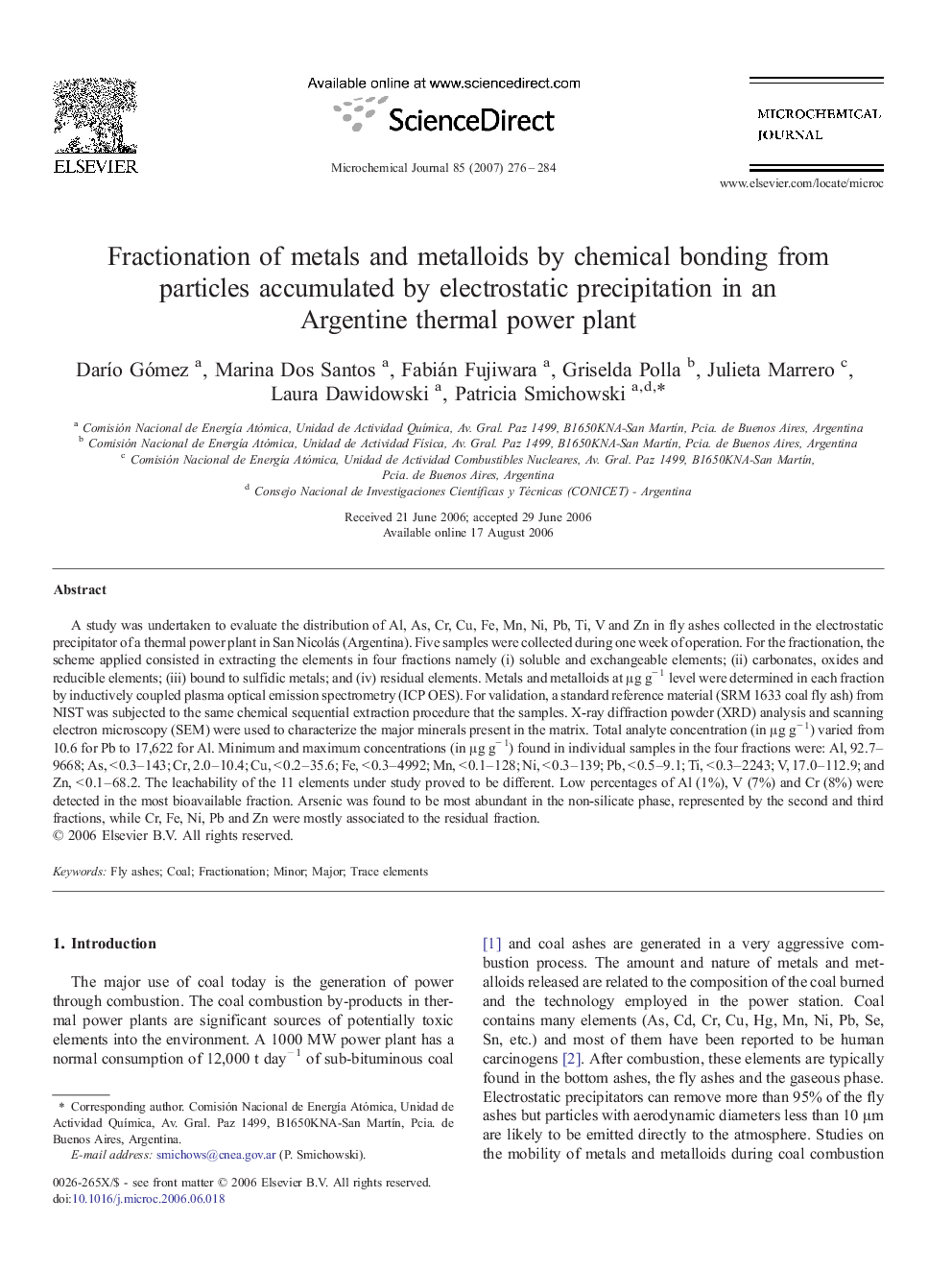 Fractionation of metals and metalloids by chemical bonding from particles accumulated by electrostatic precipitation in an Argentine thermal power plant