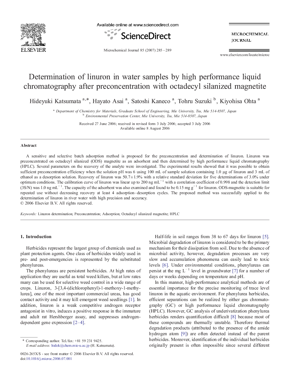 Determination of linuron in water samples by high performance liquid chromatography after preconcentration with octadecyl silanized magnetite