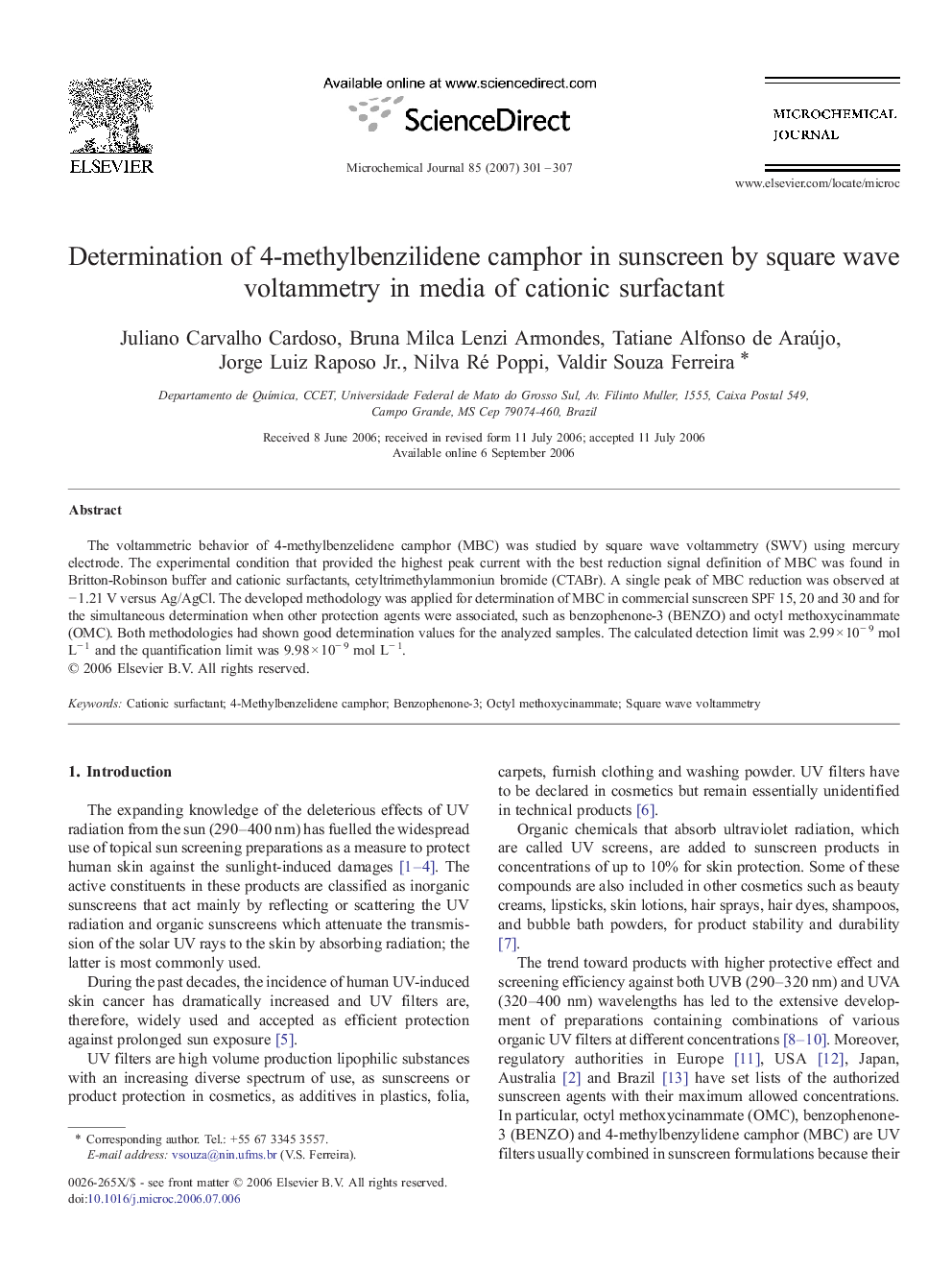 Determination of 4-methylbenzilidene camphor in sunscreen by square wave voltammetry in media of cationic surfactant