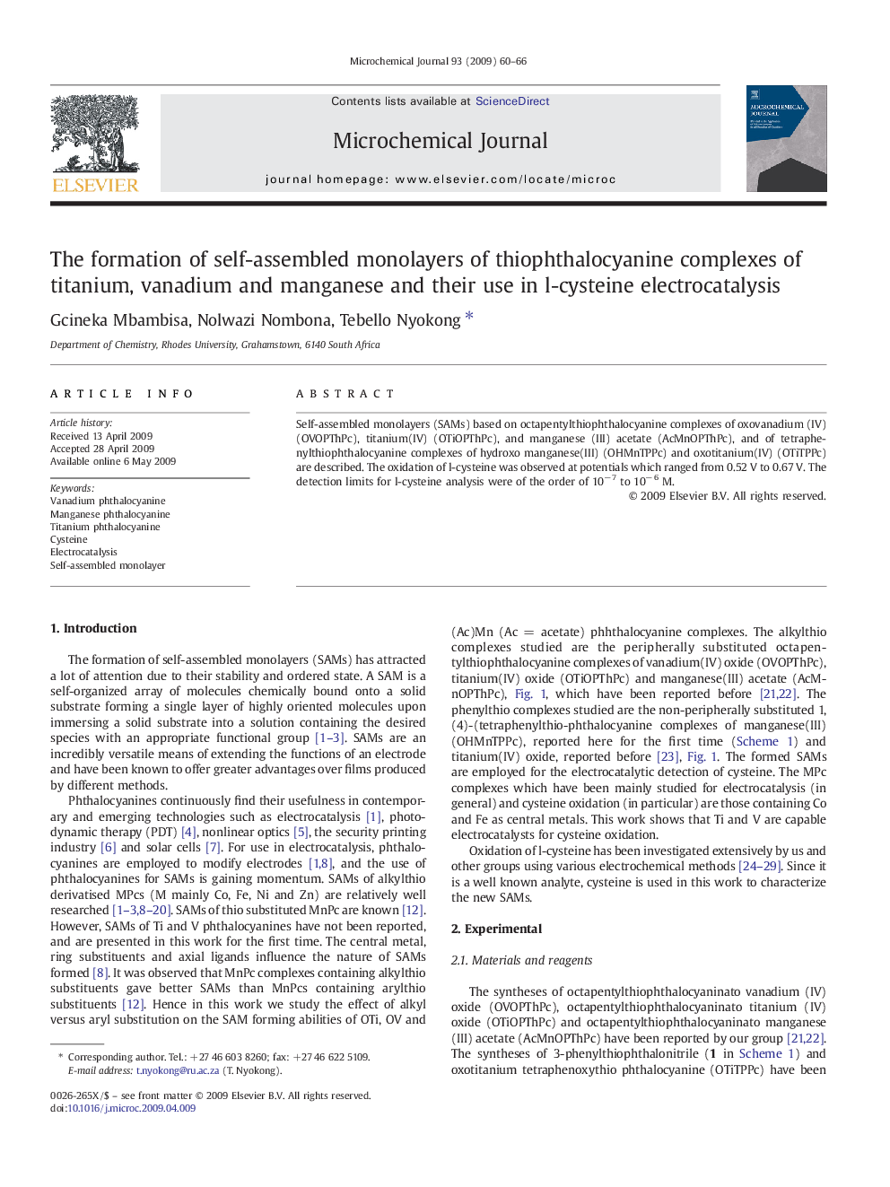 The formation of self-assembled monolayers of thiophthalocyanine complexes of titanium, vanadium and manganese and their use in l-cysteine electrocatalysis