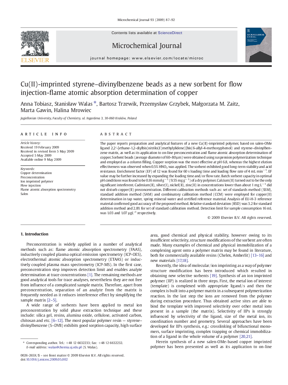 Cu(II)-imprinted styrene–divinylbenzene beads as a new sorbent for flow injection-flame atomic absorption determination of copper