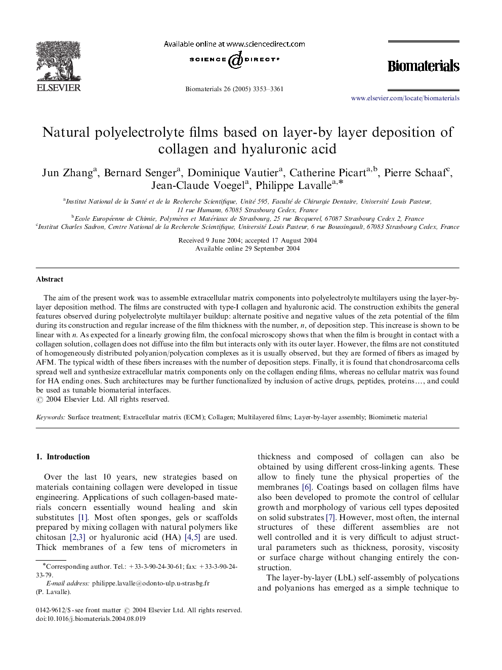 Natural polyelectrolyte films based on layer-by layer deposition of collagen and hyaluronic acid