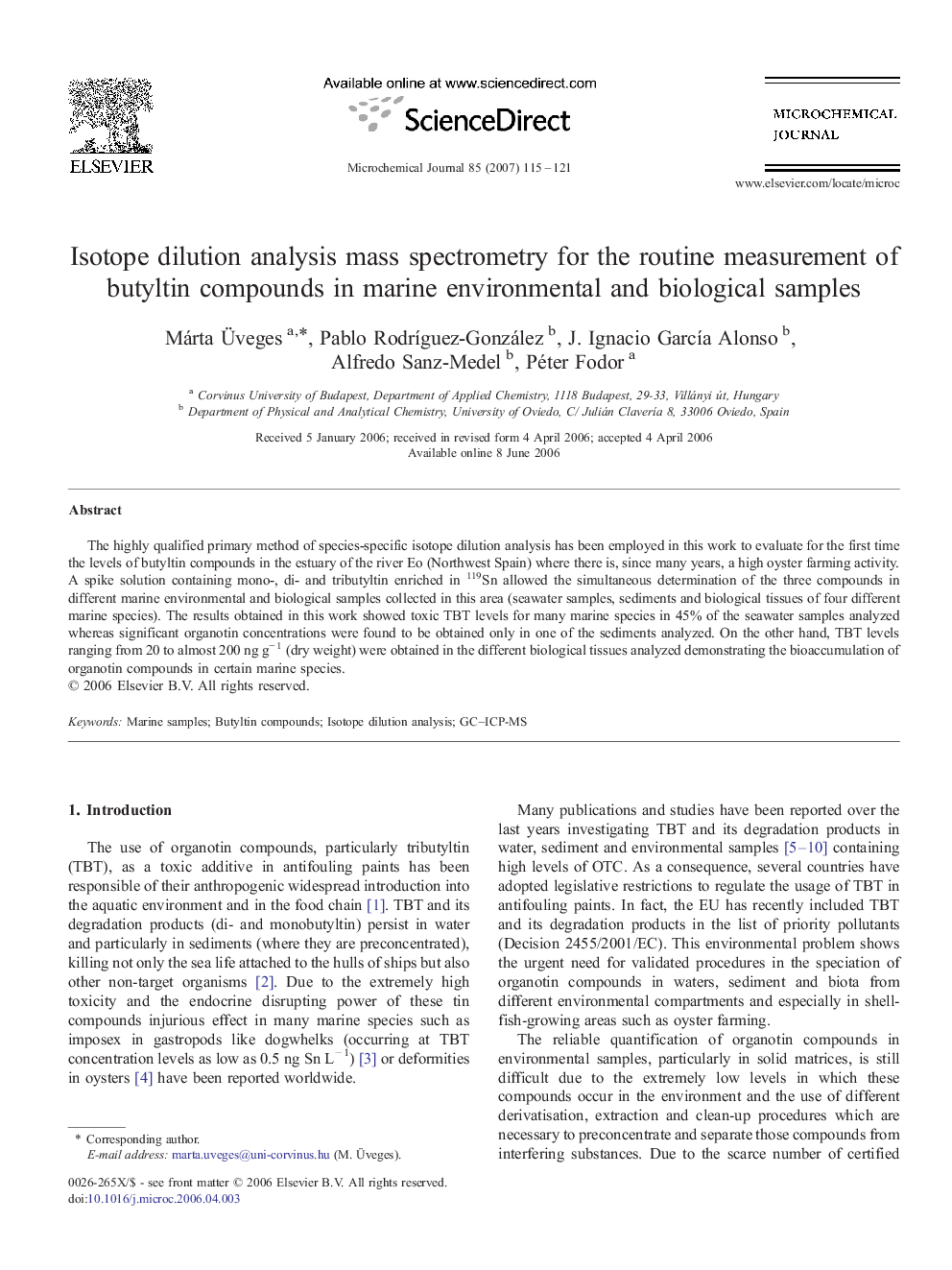 Isotope dilution analysis mass spectrometry for the routine measurement of butyltin compounds in marine environmental and biological samples