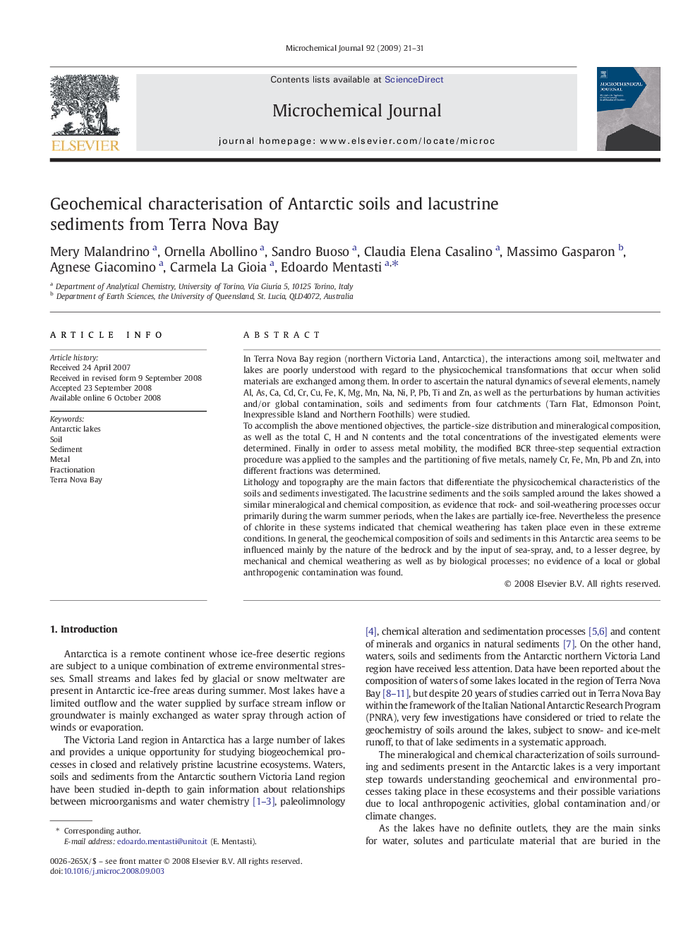 Geochemical characterisation of Antarctic soils and lacustrine sediments from Terra Nova Bay