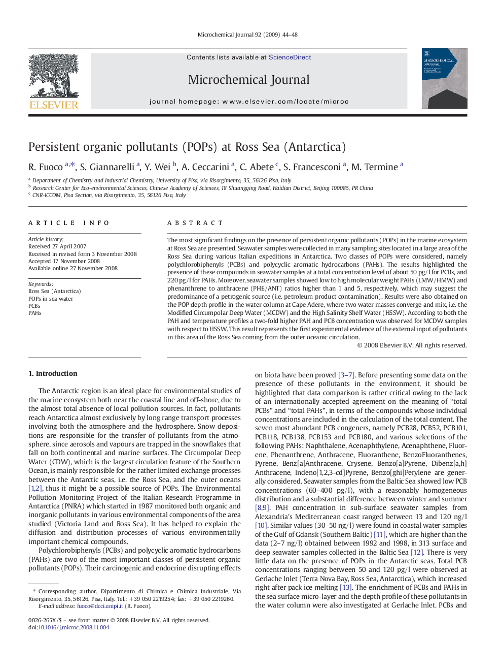 Persistent organic pollutants (POPs) at Ross Sea (Antarctica)