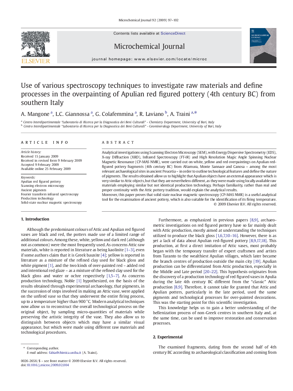 Use of various spectroscopy techniques to investigate raw materials and define processes in the overpainting of Apulian red figured pottery (4th century BC) from southern Italy