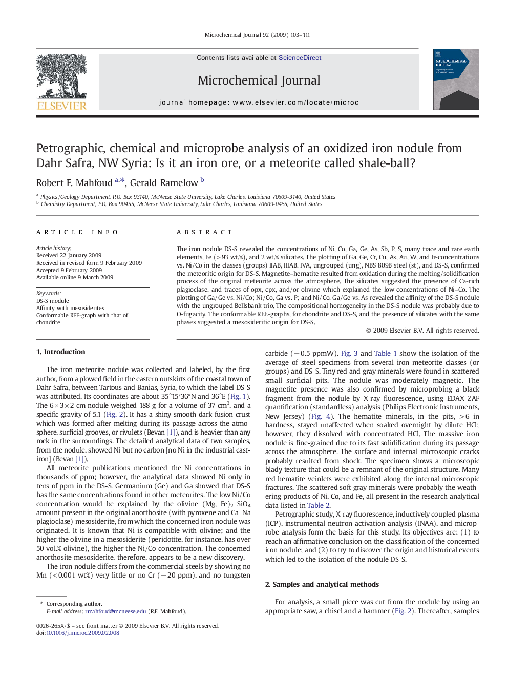 Petrographic, chemical and microprobe analysis of an oxidized iron nodule from Dahr Safra, NW Syria: Is it an iron ore, or a meteorite called shale-ball?