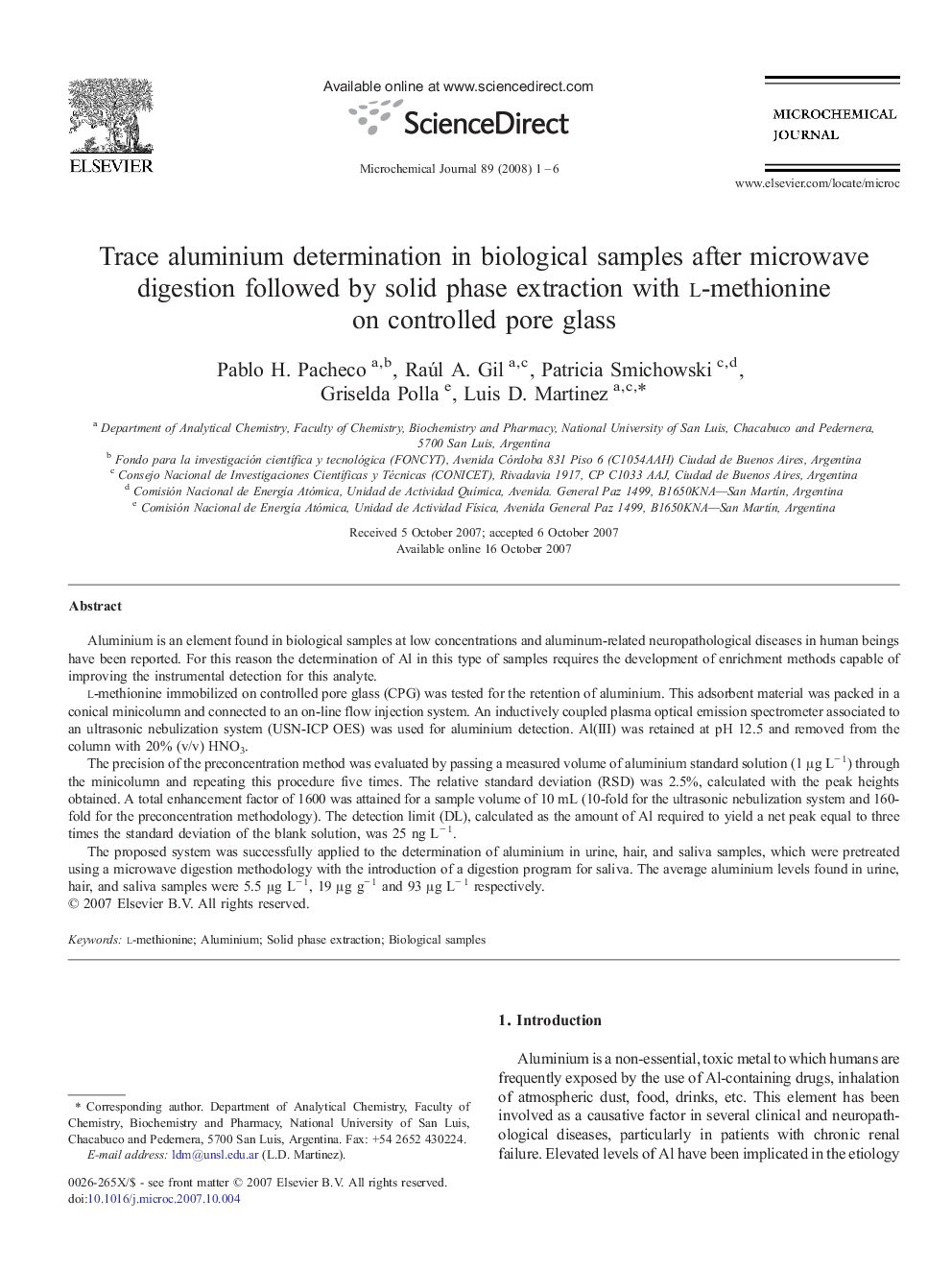 Trace aluminium determination in biological samples after microwave digestion followed by solid phase extraction with l-methionine on controlled pore glass