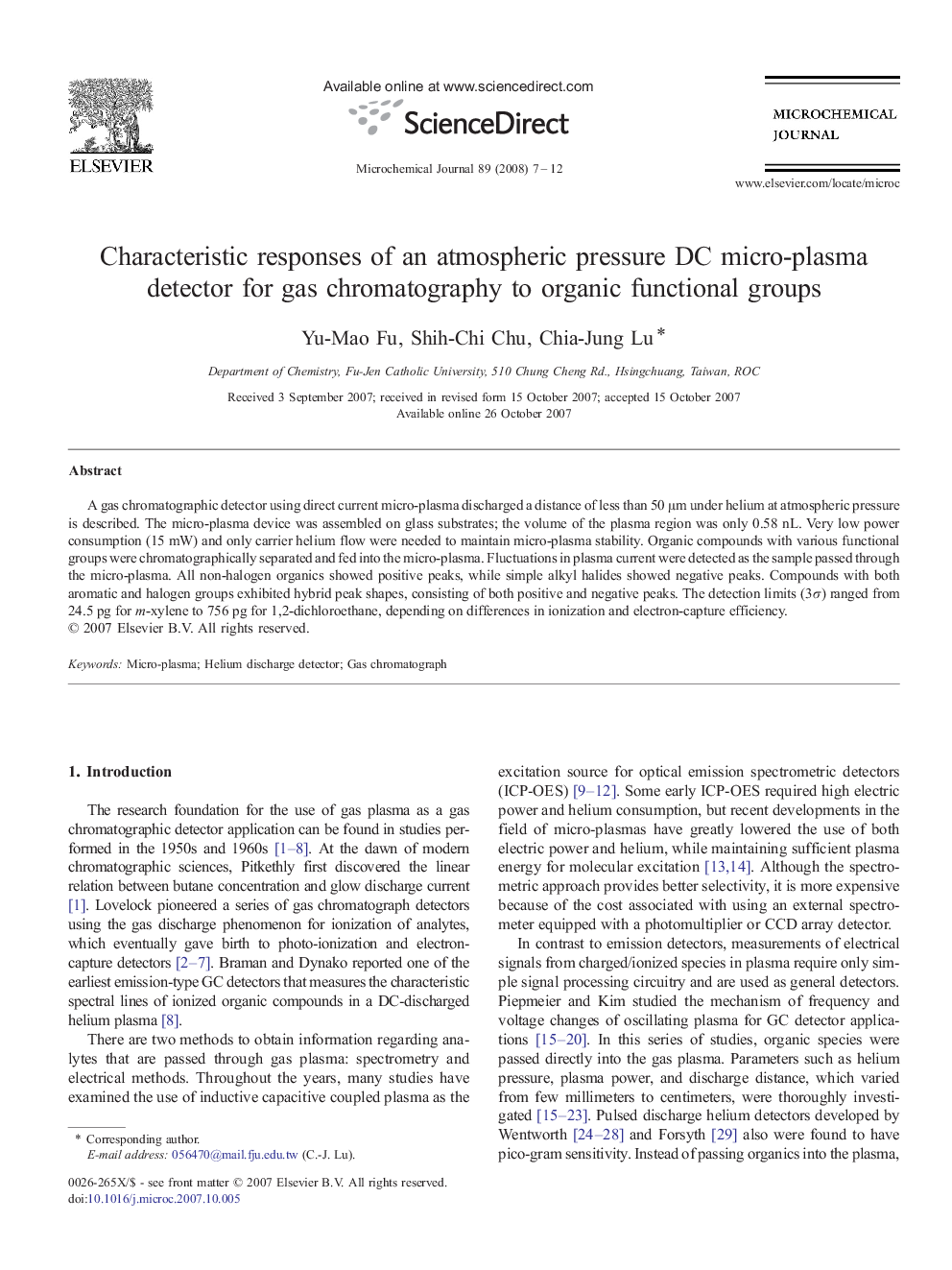 Characteristic responses of an atmospheric pressure DC micro-plasma detector for gas chromatography to organic functional groups