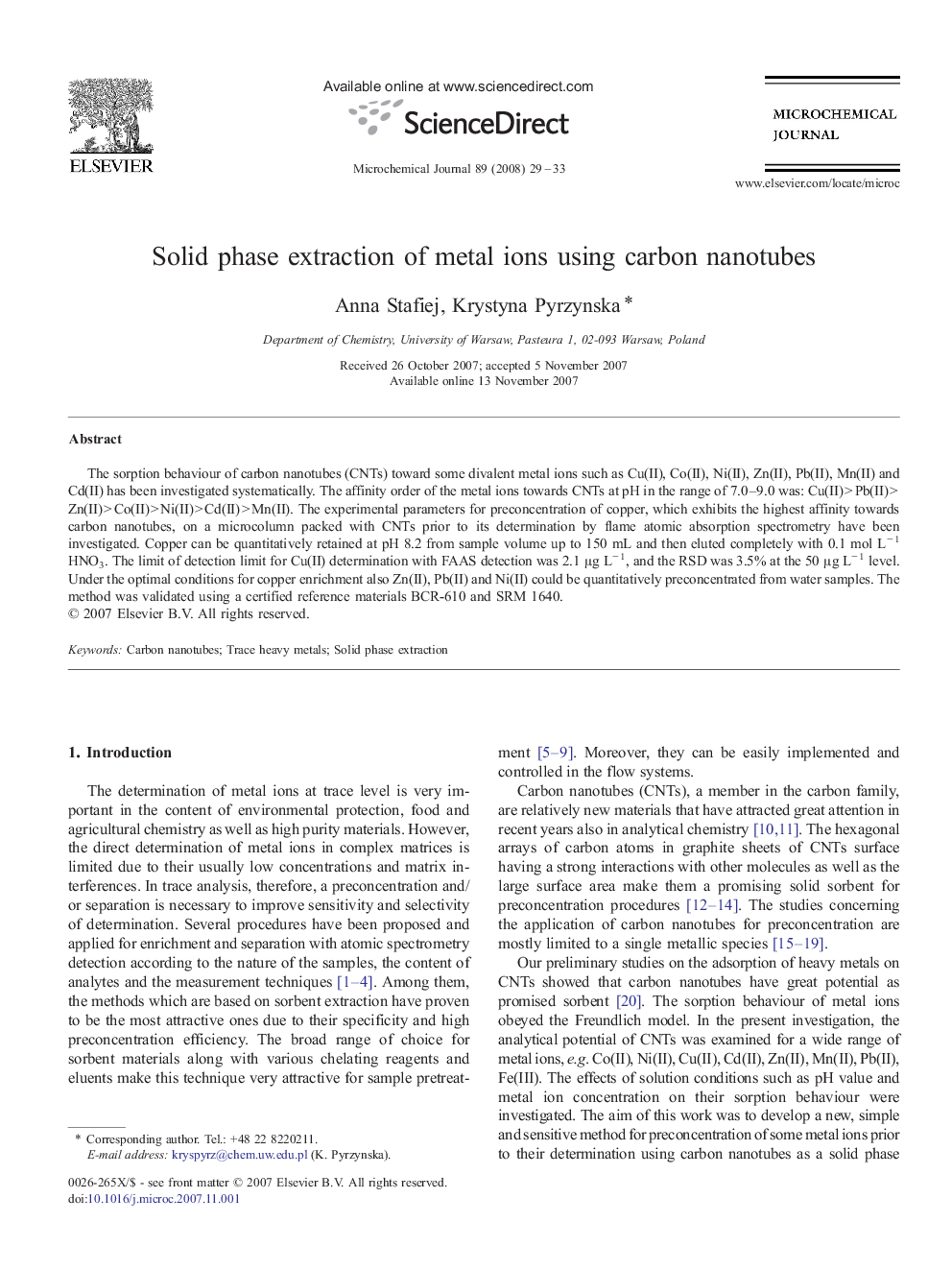 Solid phase extraction of metal ions using carbon nanotubes