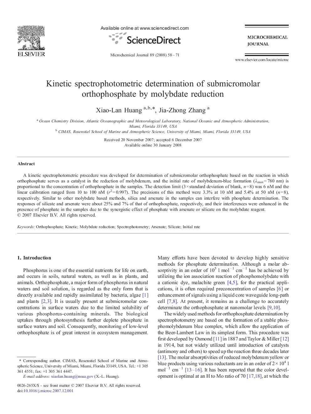 Kinetic spectrophotometric determination of submicromolar orthophosphate by molybdate reduction