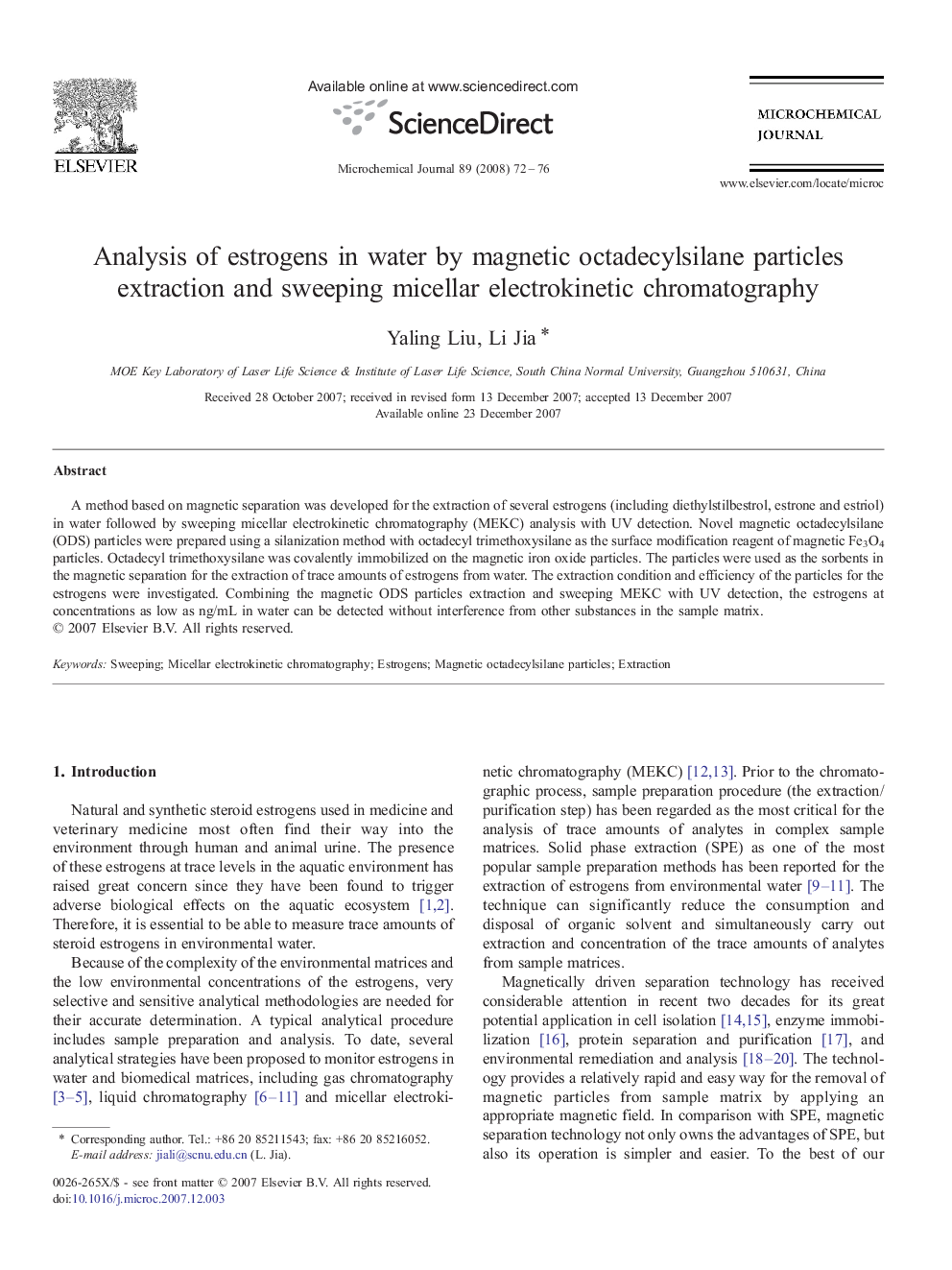 Analysis of estrogens in water by magnetic octadecylsilane particles extraction and sweeping micellar electrokinetic chromatography