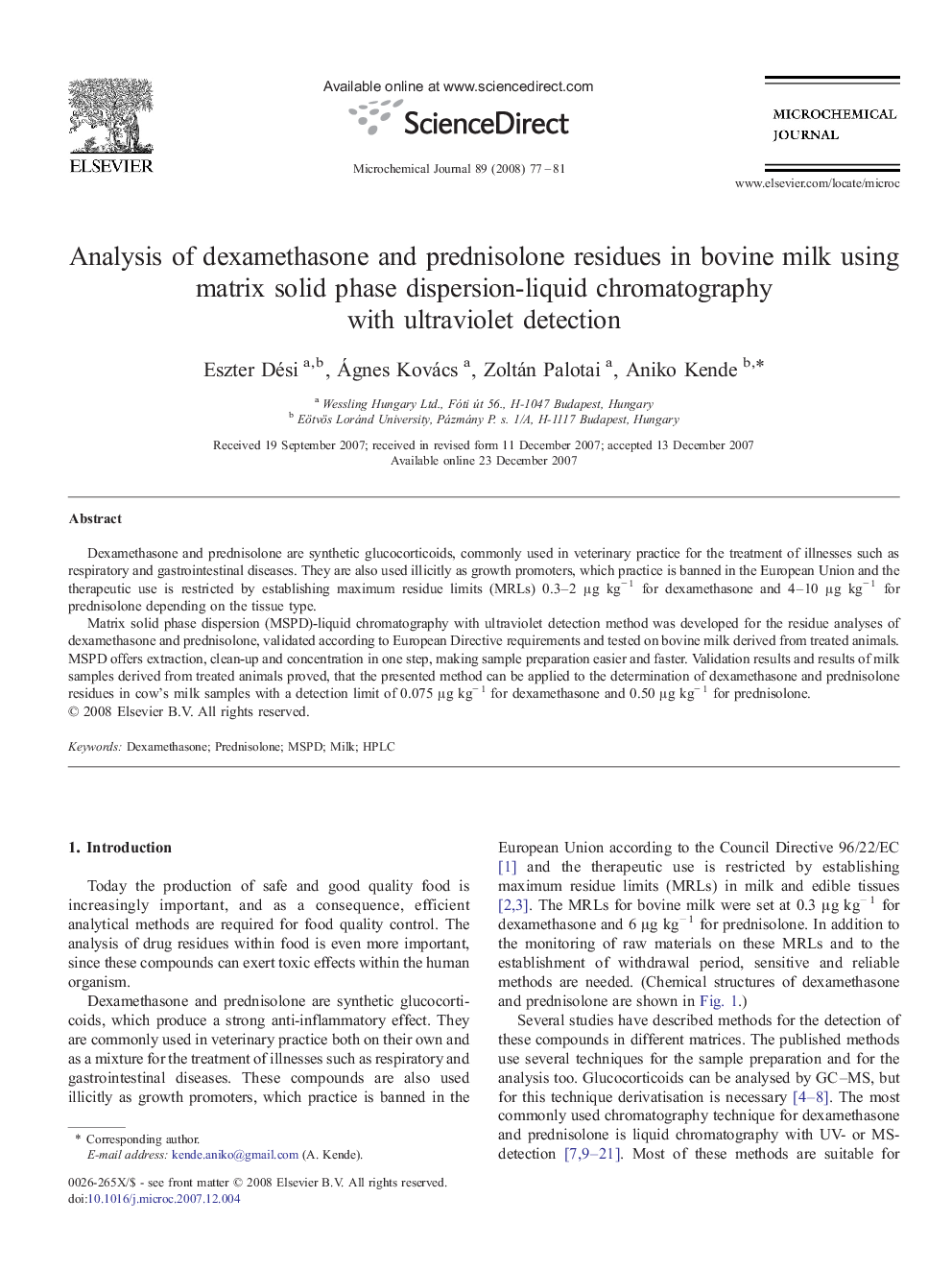 Analysis of dexamethasone and prednisolone residues in bovine milk using matrix solid phase dispersion-liquid chromatography with ultraviolet detection