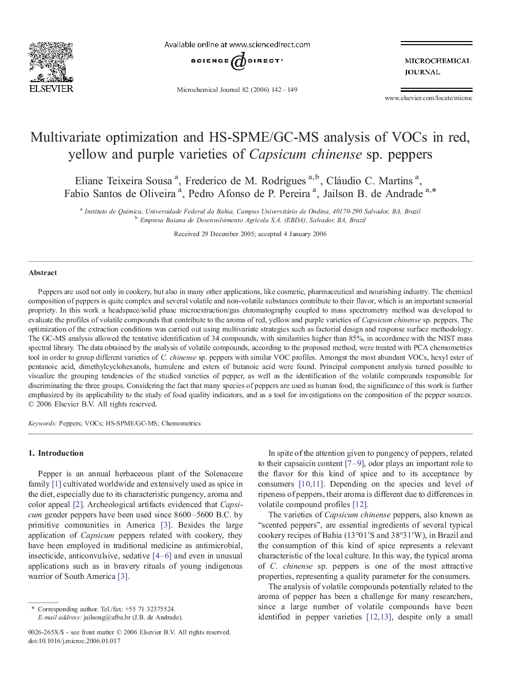 Multivariate optimization and HS-SPME/GC-MS analysis of VOCs in red, yellow and purple varieties of Capsicum chinense sp. peppers