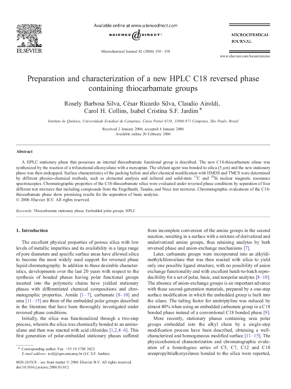 Preparation and characterization of a new HPLC C18 reversed phase containing thiocarbamate groups