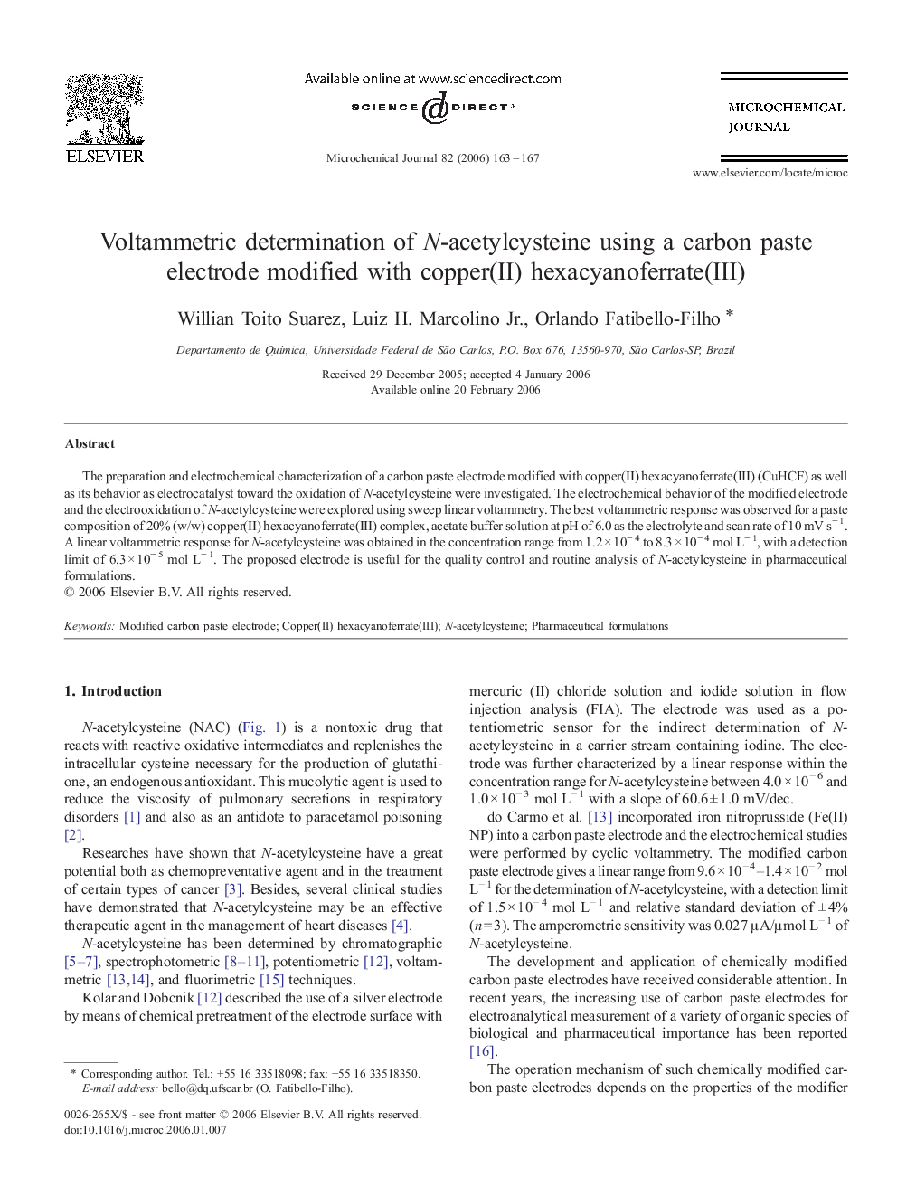 Voltammetric determination of N-acetylcysteine using a carbon paste electrode modified with copper(II) hexacyanoferrate(III)