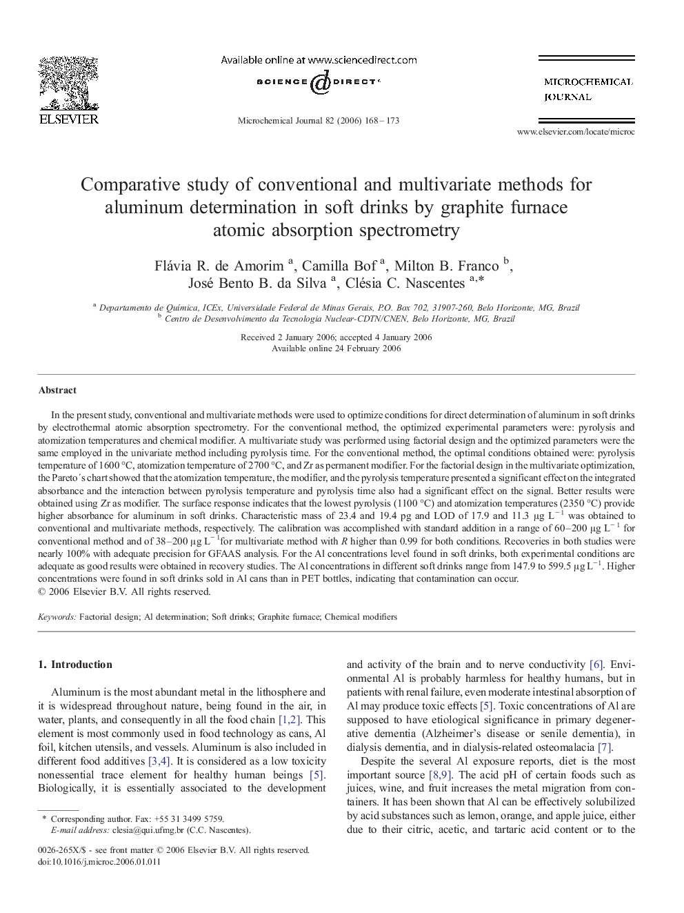 Comparative study of conventional and multivariate methods for aluminum determination in soft drinks by graphite furnace atomic absorption spectrometry