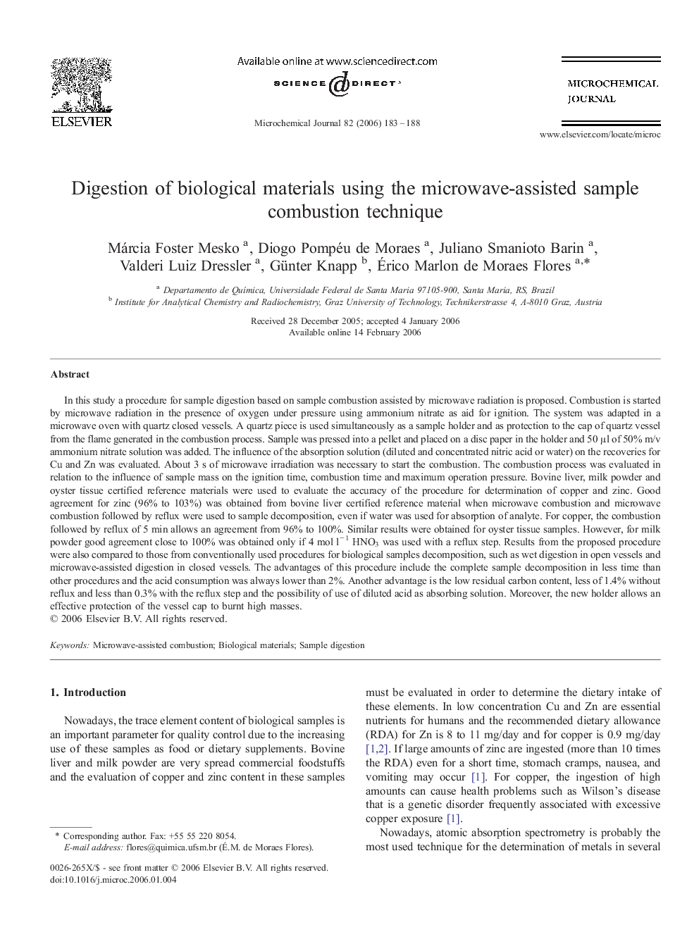 Digestion of biological materials using the microwave-assisted sample combustion technique