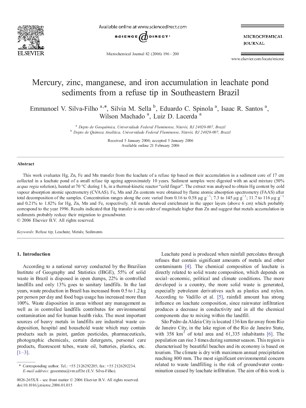 Mercury, zinc, manganese, and iron accumulation in leachate pond sediments from a refuse tip in Southeastern Brazil