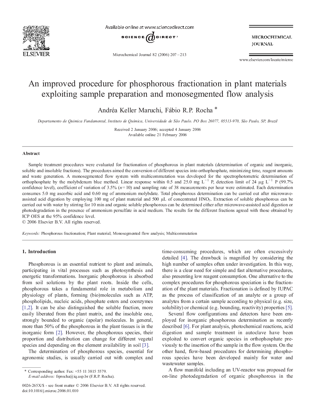 An improved procedure for phosphorous fractionation in plant materials exploiting sample preparation and monosegmented flow analysis