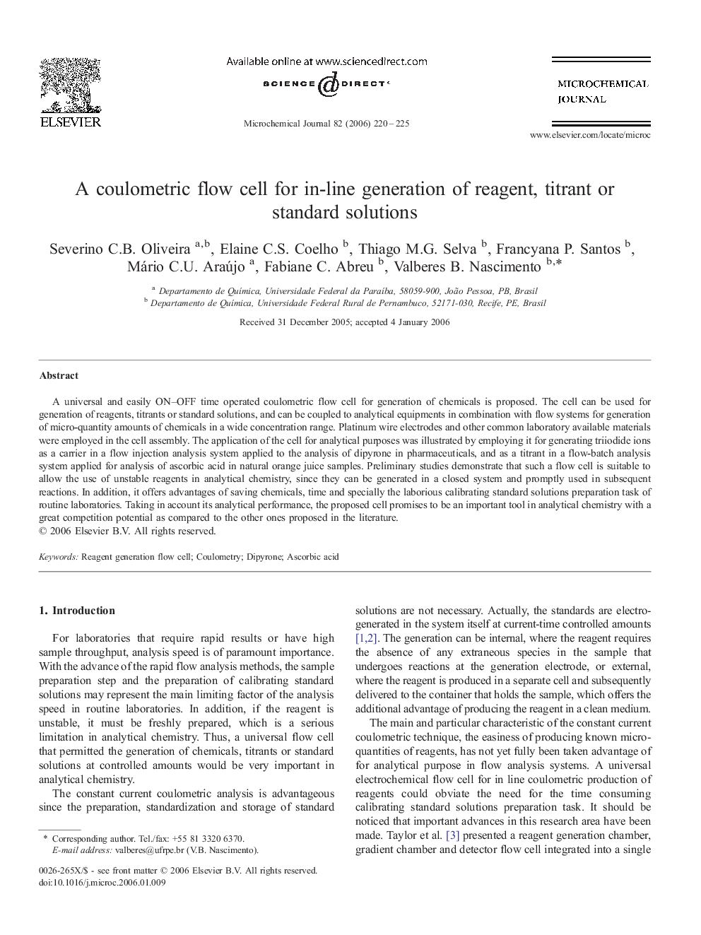 A coulometric flow cell for in-line generation of reagent, titrant or standard solutions