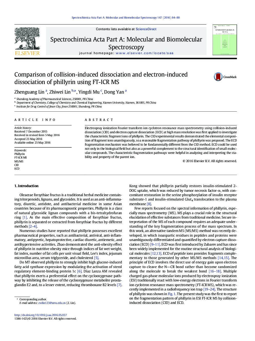 Comparison of collision-induced dissociation and electron-induced dissociation of phillyrin using FT-ICR MS