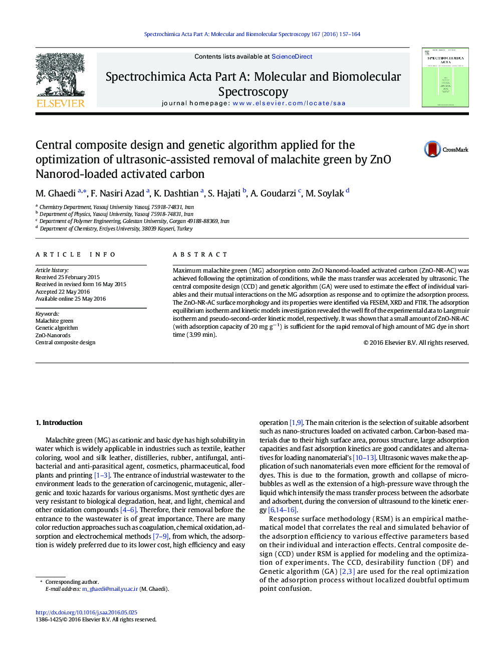 Central composite design and genetic algorithm applied for the optimization of ultrasonic-assisted removal of malachite green by ZnO Nanorod-loaded activated carbon