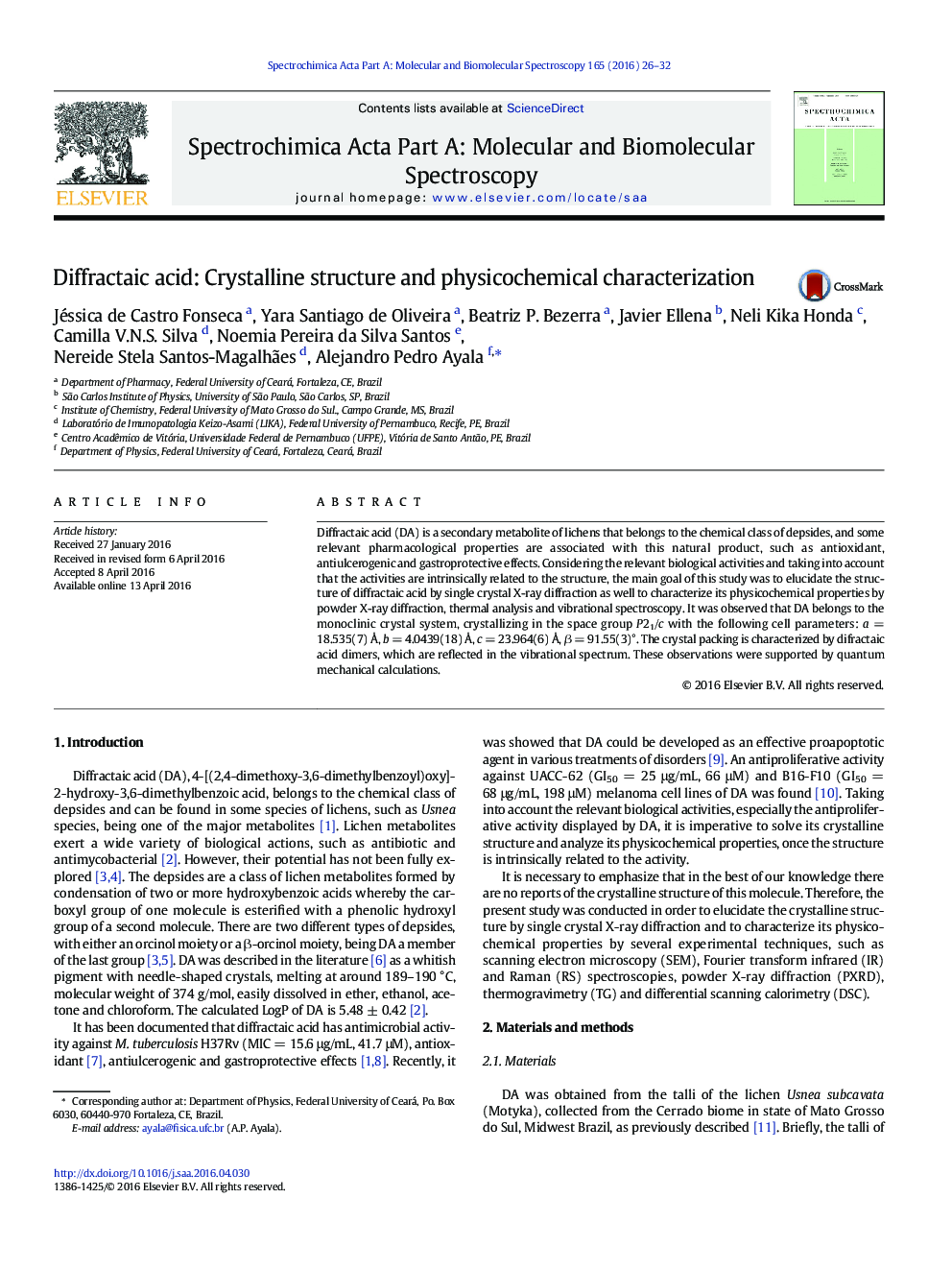 Diffractaic acid: Crystalline structure and physicochemical characterization