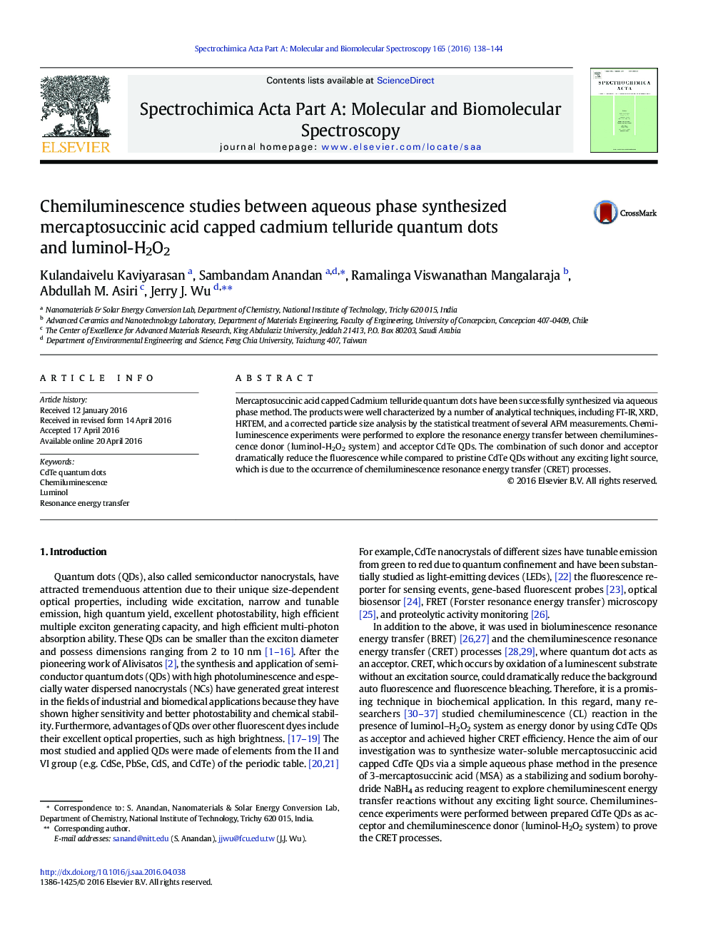 Chemiluminescence studies between aqueous phase synthesized mercaptosuccinic acid capped cadmium telluride quantum dots and luminol-H2O2