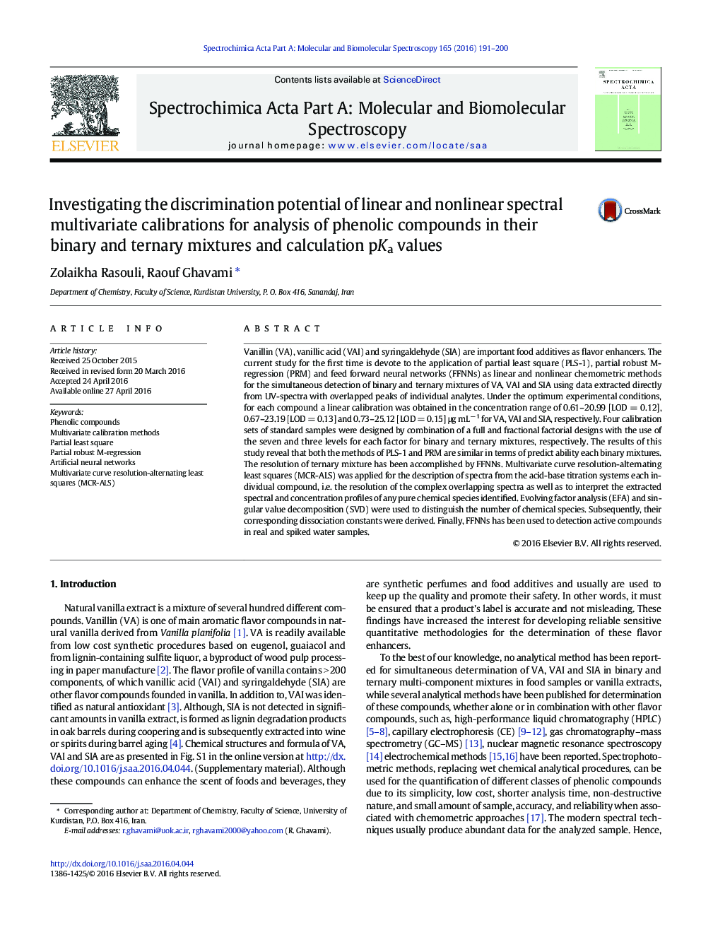 Investigating the discrimination potential of linear and nonlinear spectral multivariate calibrations for analysis of phenolic compounds in their binary and ternary mixtures and calculation pKa values