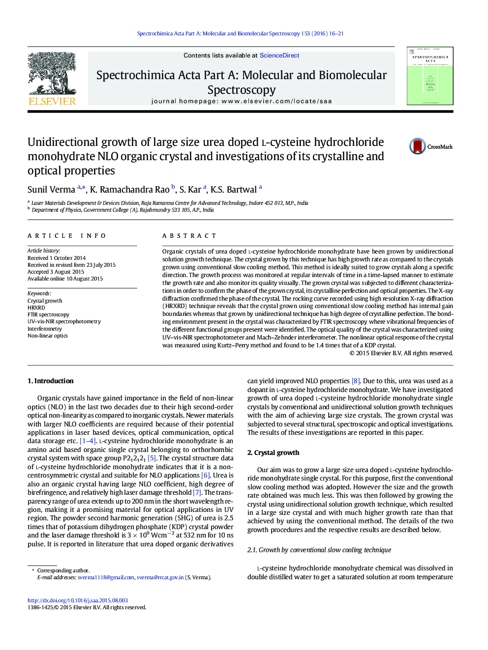 Unidirectional growth of large size urea doped l-cysteine hydrochloride monohydrate NLO organic crystal and investigations of its crystalline and optical properties