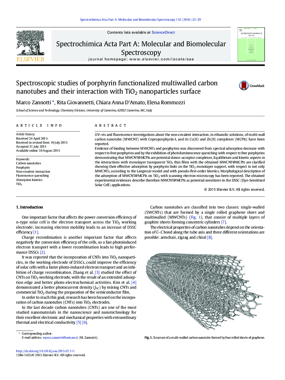 Spectroscopic studies of porphyrin functionalized multiwalled carbon nanotubes and their interaction with TiO2 nanoparticles surface