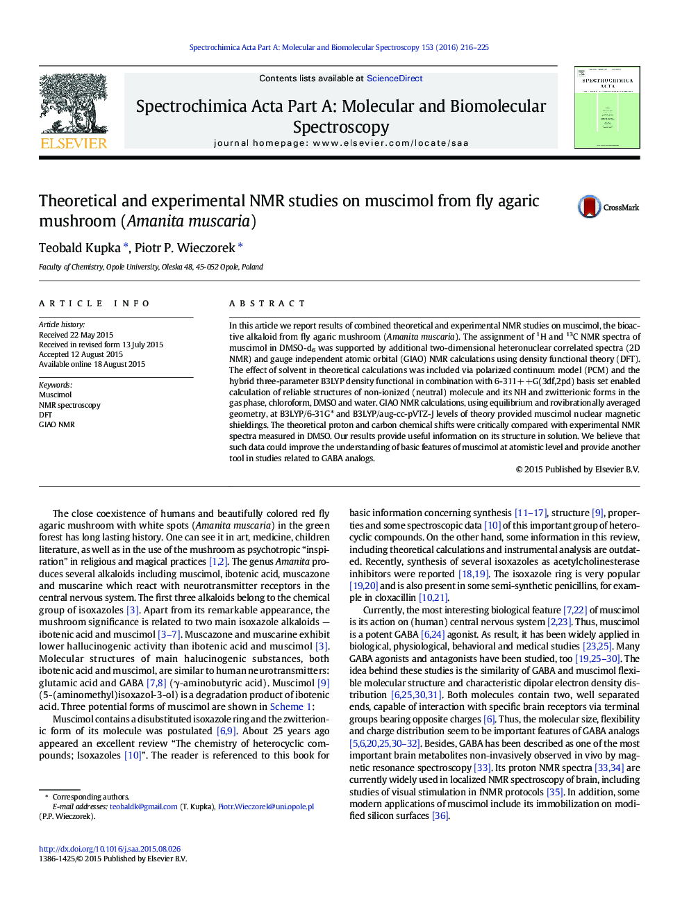 Theoretical and experimental NMR studies on muscimol from fly agaric mushroom (Amanita muscaria)