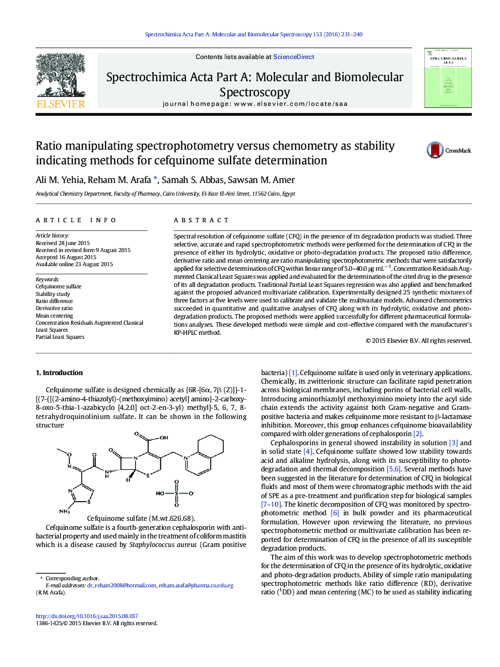 Ratio manipulating spectrophotometry versus chemometry as stability indicating methods for cefquinome sulfate determination