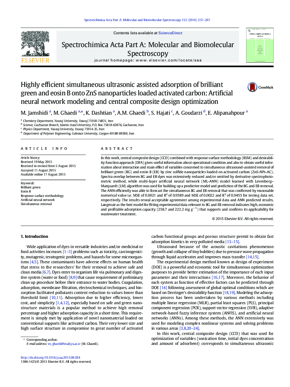 Highly efficient simultaneous ultrasonic assisted adsorption of brilliant green and eosin B onto ZnS nanoparticles loaded activated carbon: Artificial neural network modeling and central composite design optimization