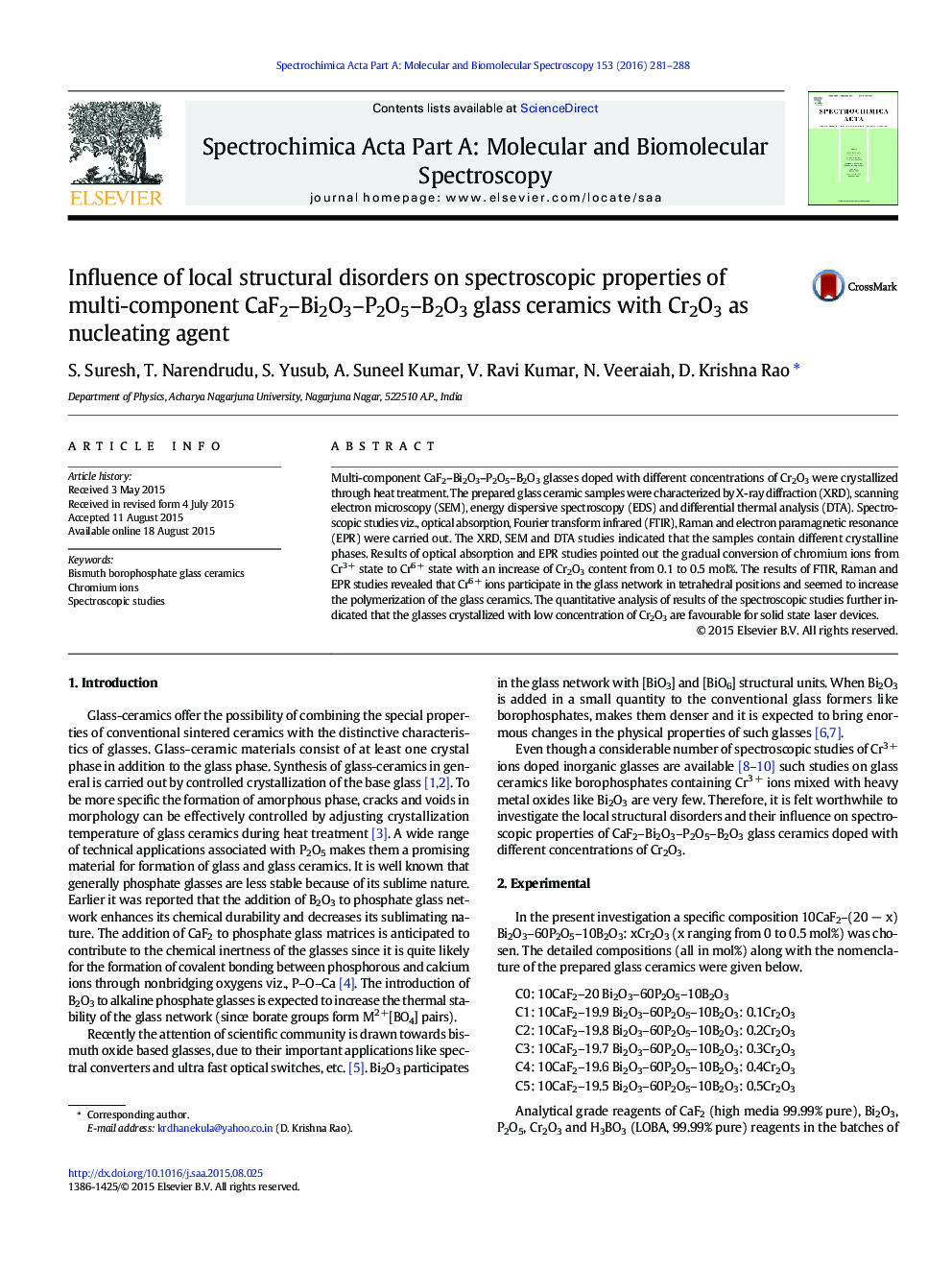 Influence of local structural disorders on spectroscopic properties of multi-component CaF2–Bi2O3–P2O5–B2O3 glass ceramics with Cr2O3 as nucleating agent