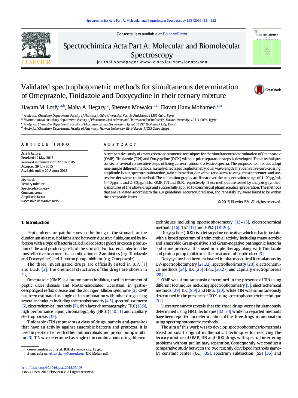 Validated spectrophotometric methods for simultaneous determination of Omeprazole, Tinidazole and Doxycycline in their ternary mixture