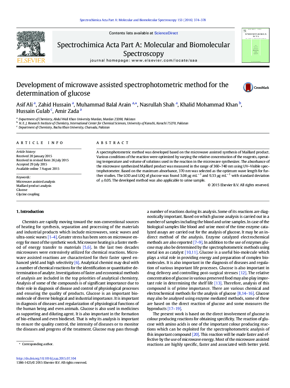 Development of microwave assisted spectrophotometric method for the determination of glucose