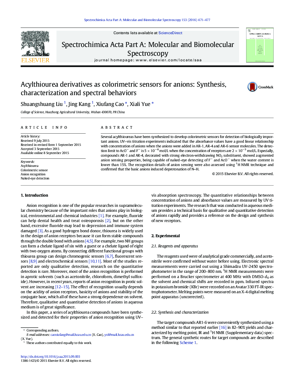 Acylthiourea derivatives as colorimetric sensors for anions: Synthesis, characterization and spectral behaviors