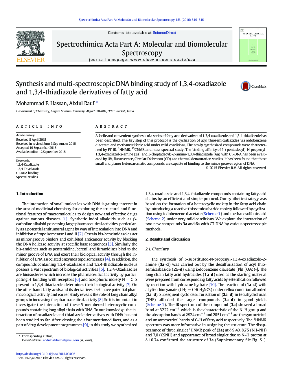 Synthesis and multi-spectroscopic DNA binding study of 1,3,4-oxadiazole and 1,3,4-thiadiazole derivatives of fatty acid