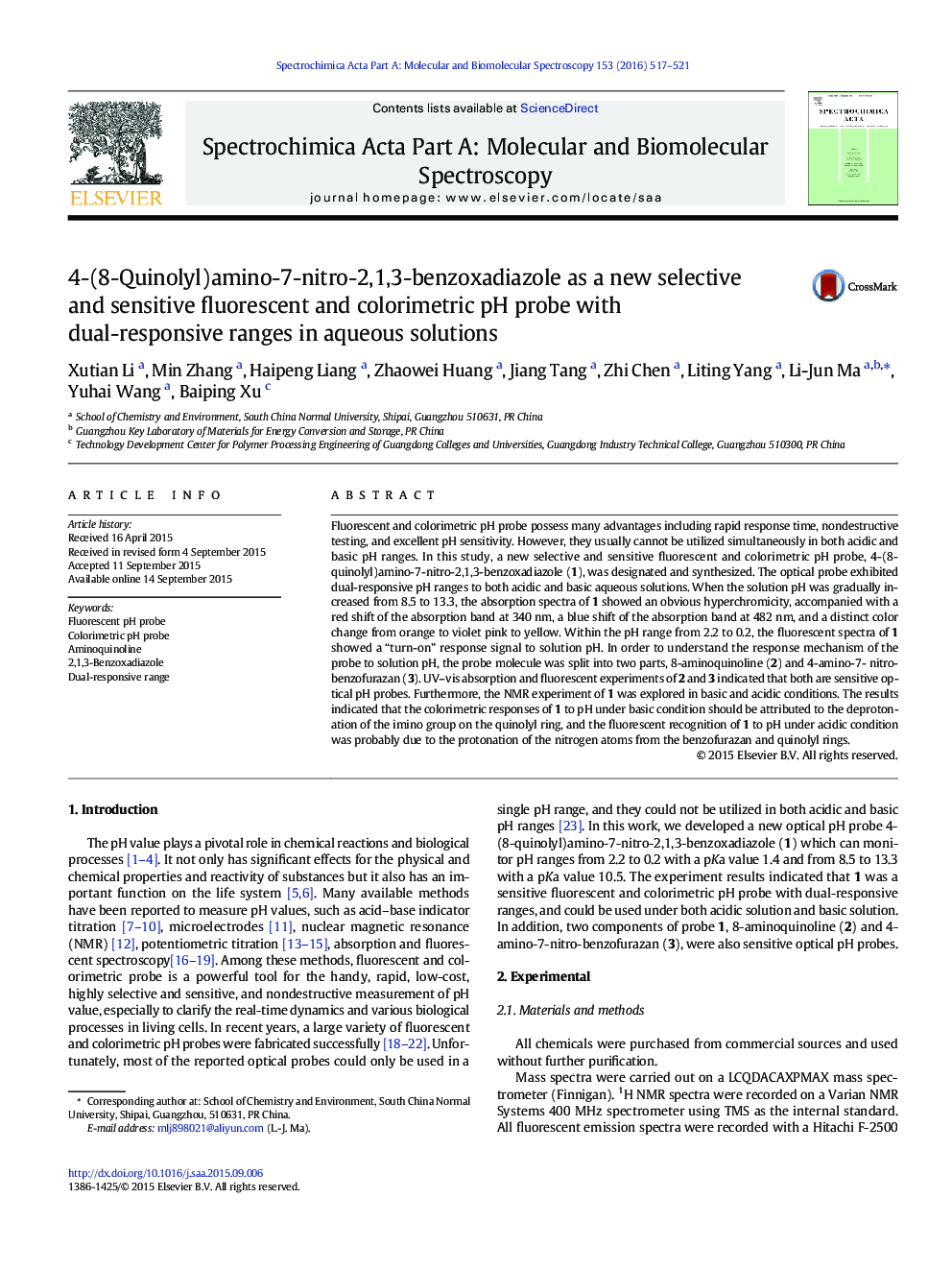 4-(8-Quinolyl)amino-7-nitro-2,1,3-benzoxadiazole as a new selective and sensitive fluorescent and colorimetric pH probe with dual-responsive ranges in aqueous solutions