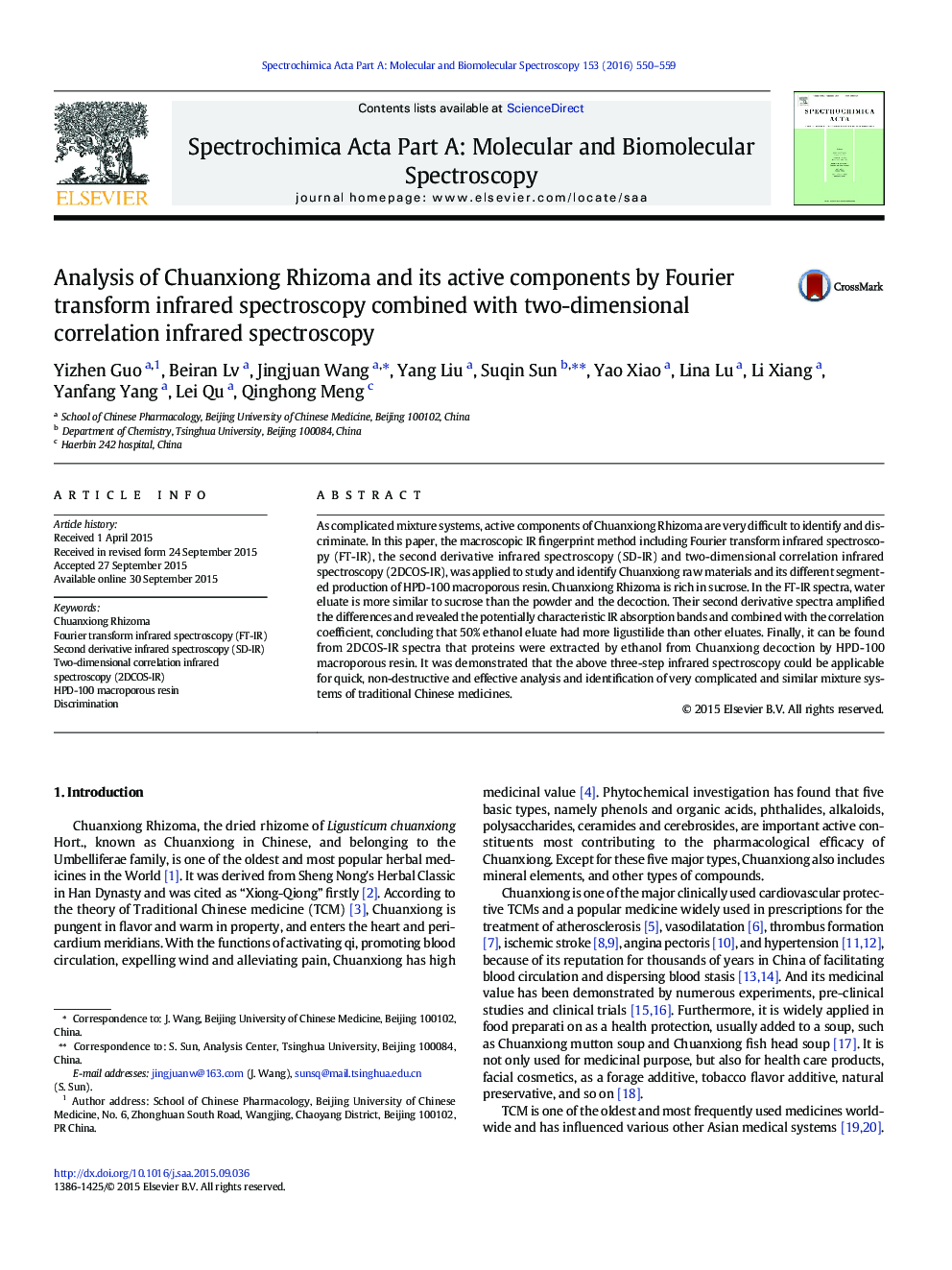 Analysis of Chuanxiong Rhizoma and its active components by Fourier transform infrared spectroscopy combined with two-dimensional correlation infrared spectroscopy