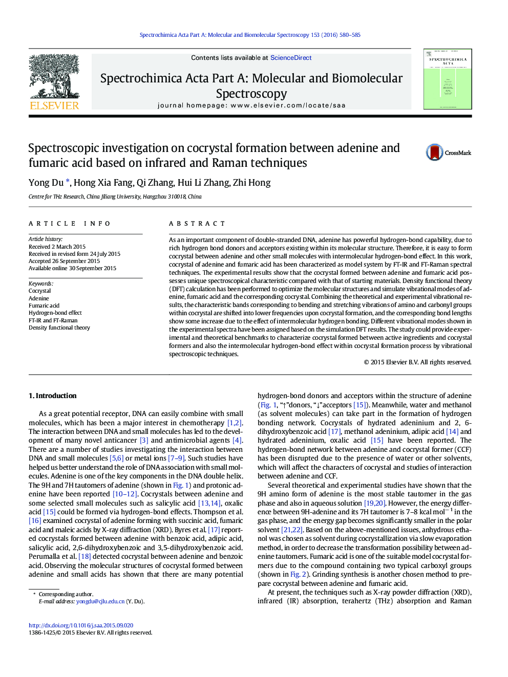 Spectroscopic investigation on cocrystal formation between adenine and fumaric acid based on infrared and Raman techniques