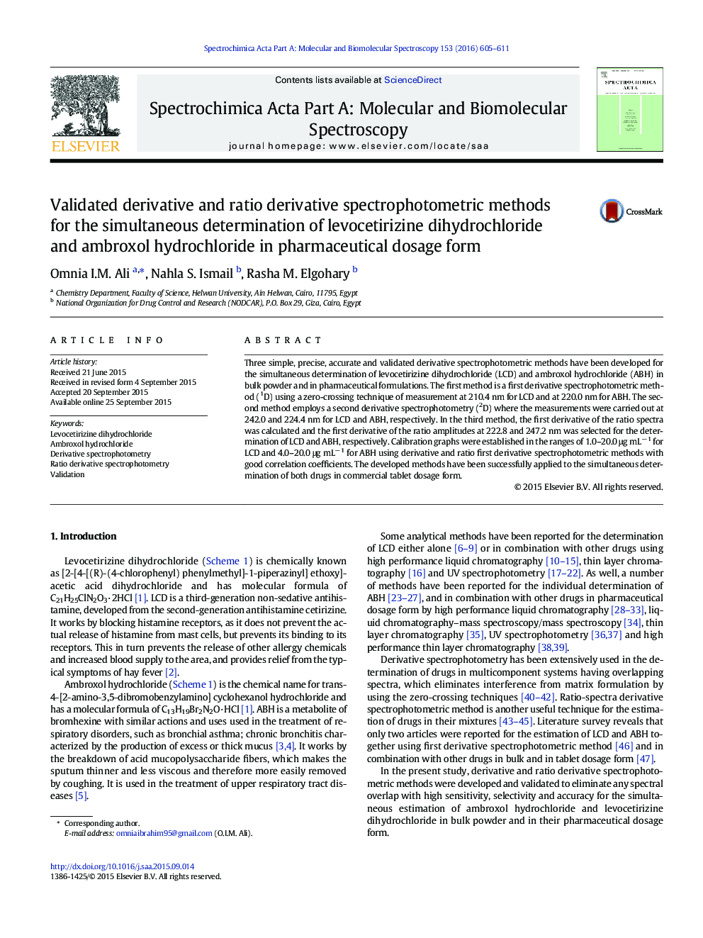 Validated derivative and ratio derivative spectrophotometric methods for the simultaneous determination of levocetirizine dihydrochloride and ambroxol hydrochloride in pharmaceutical dosage form