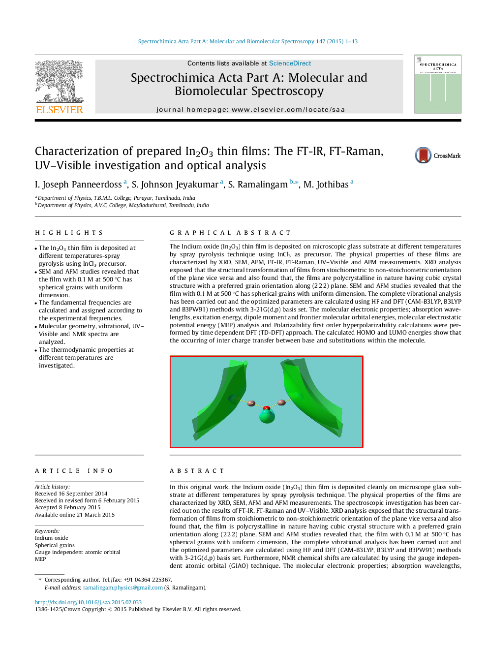 عکس صفحه اول مقاله: Characterization of prepared In2O3 thin films: The FT-IR, FT-Raman, UV–Visible investigation and optical analysis Characterization of prepared In2O3 thin films: The FT-IR, FT-Raman, UV–Visible investigation and optical analysis