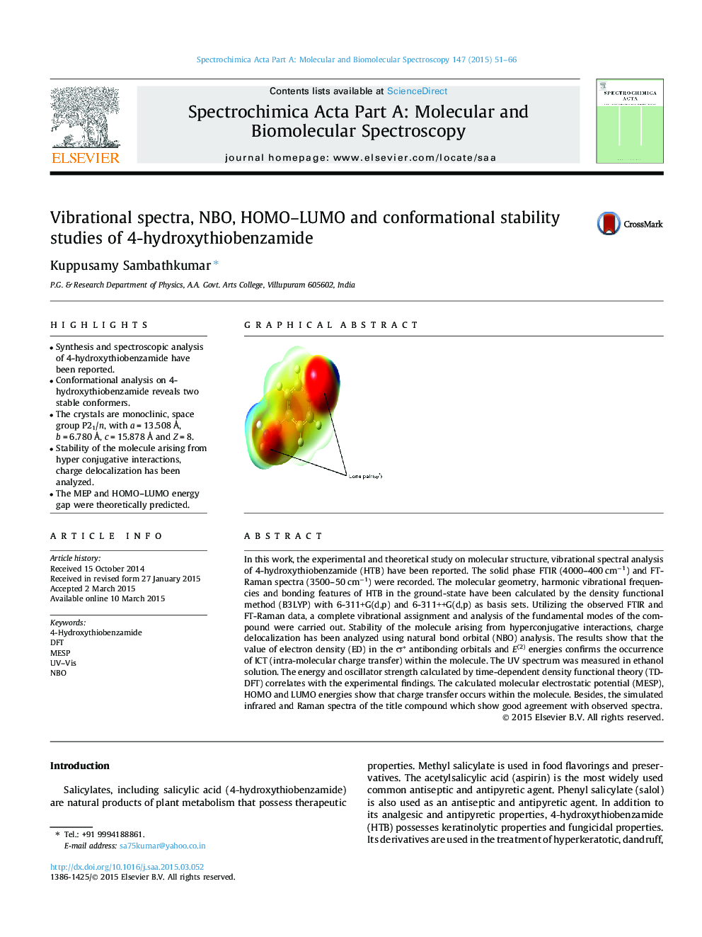 عکس صفحه اول مقاله: Vibrational spectra, NBO, HOMO–LUMO and conformational stability studies of 4-hydroxythiobenzamide Vibrational spectra, NBO, HOMO–LUMO and conformational stability studies of 4-hydroxythiobenzamide